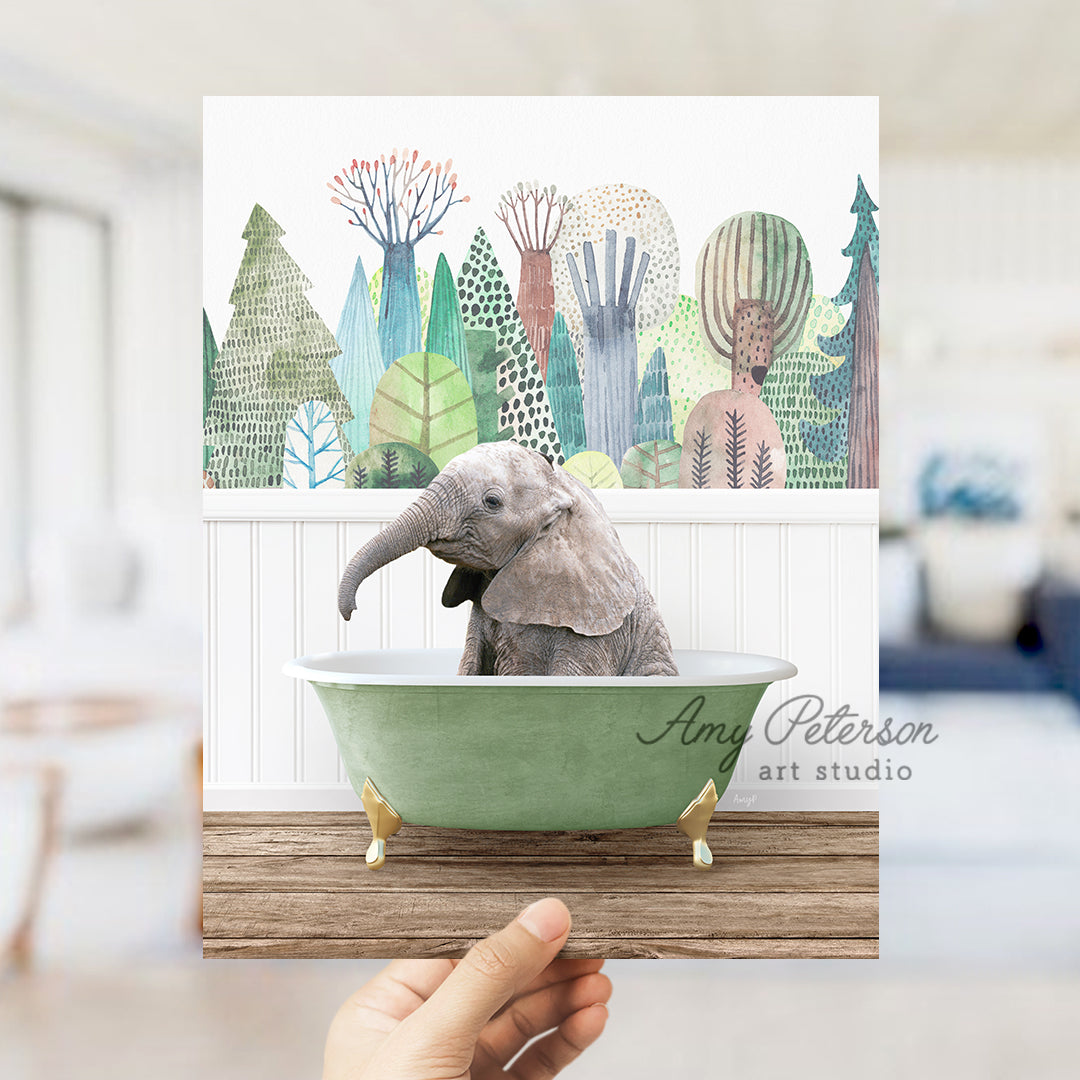 a person holding up a card with a picture of an elephant in a bathtub