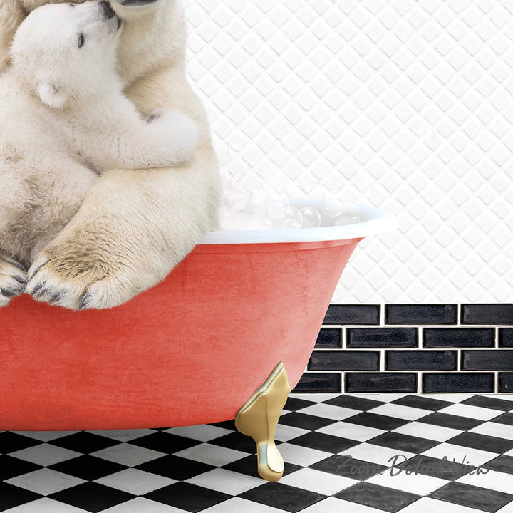 A polar bear cub sitting in a red bathtub, with a black and white checkered floor in the background.