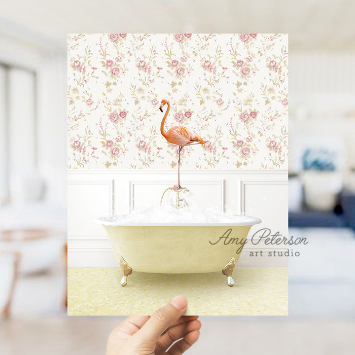 a pink flamingo standing on top of a bath tub