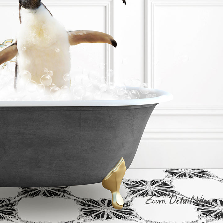 A penguin standing in a bathtub filled with bubbles, with a black and white patterned floor in the background.