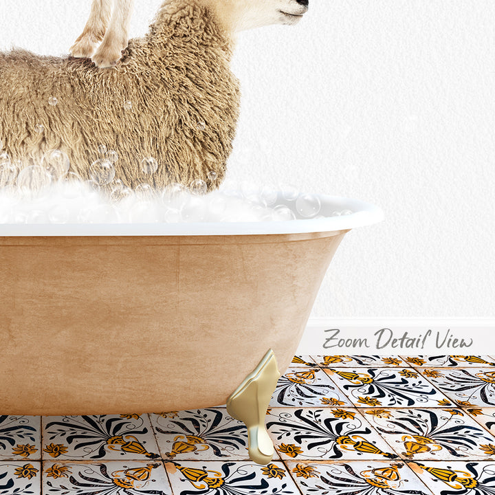 A sheep standing in a bathtub filled with bubbles, with a patterned tile floor visible below.