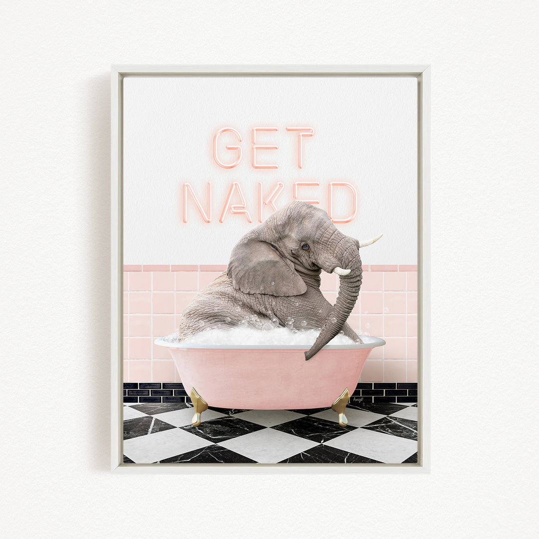 A gray elephant sitting in a pink bathtub, with the text "GET NAKED" displayed above it.