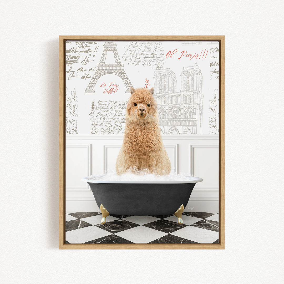 A fluffy brown dog sitting in a bathtub filled with water, with a Paris-themed background featuring the Eiffel Tower and other landmarks.