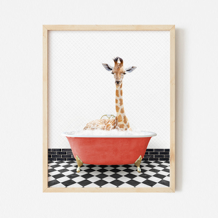 a picture of a giraffe sticking its head out of a bathtub