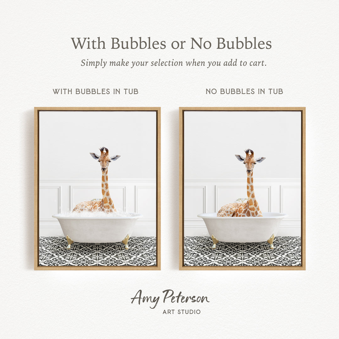The image is a collage of two framed pictures, each featuring a giraffe sitting in a bathtub. The text above the images reads "With Bubbles or No Bubbles" and below the images, it says "Simply make your selection when you add to cart."