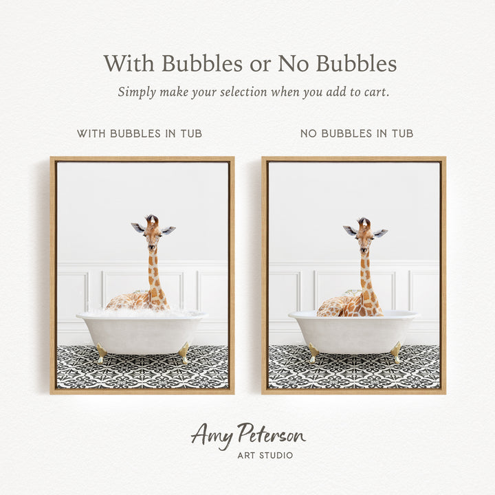The image is a collage of two framed pictures, each featuring a giraffe sitting in a bathtub. The text above the images reads "With Bubbles or No Bubbles" and below the images, it says "Simply make your selection when you add to cart."