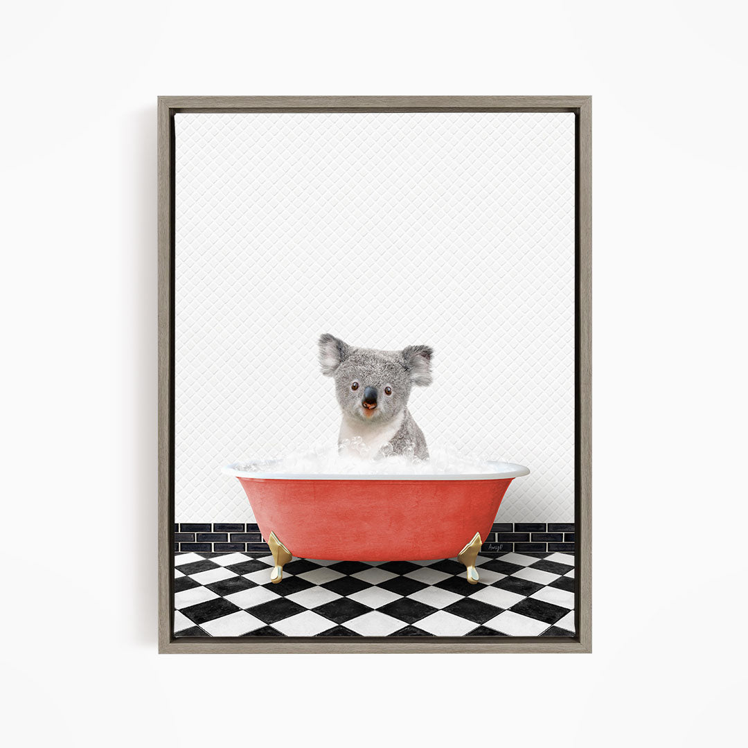 A koala bear sitting in a red bathtub filled with water, surrounded by a black and white checkered floor.