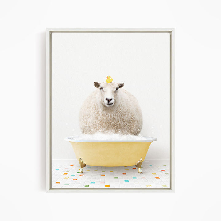 A fluffy white sheep sits in a yellow bathtub, with a yellow rubber duck perched on its head.