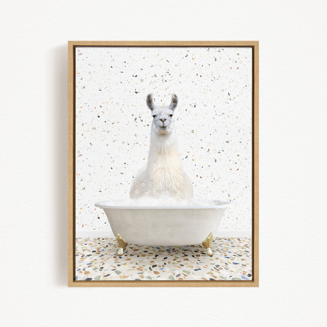 A white llama sitting in a white bathtub filled with water, surrounded by a speckled pattern on the floor.