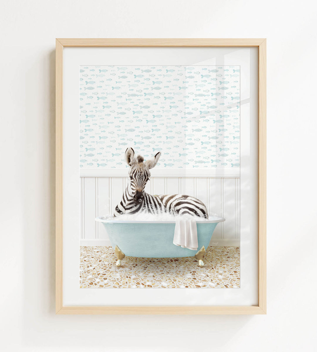 A zebra is sitting in a blue bathtub, surrounded by a patterned wall and a tiled floor.