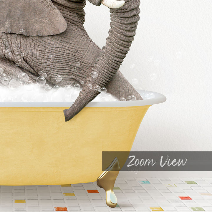 A large elephant is sitting in a yellow bathtub filled with bubbles, creating a whimsical and playful scene.