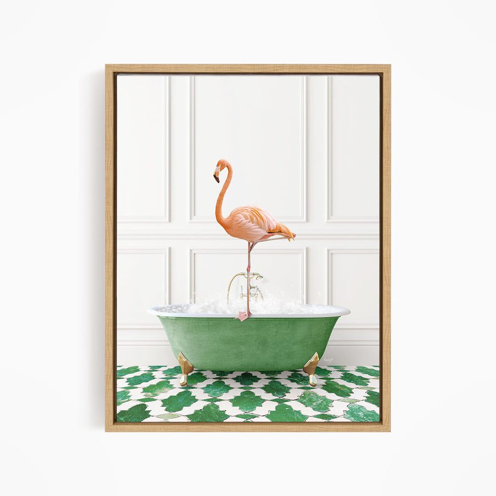 A pink flamingo stands on the edge of a green bathtub filled with water, creating a whimsical and playful scene.