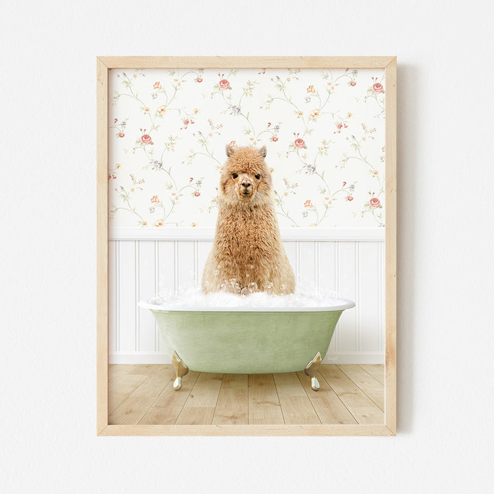 a dog sitting in a bathtub in a bathroom