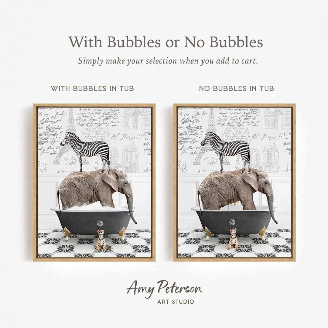 The image is a collage of two framed pictures, each depicting a zebra standing on an elephant's back in a bathtub. The text above the images reads "With Bubbles or No Bubbles Simply make your selection when you add to cart." The text below the images reads "WITH BUBBLES IN TUB" and "NO BUBBLES IN TUB," indicating the presence or absence of bubbles in the bathtub.