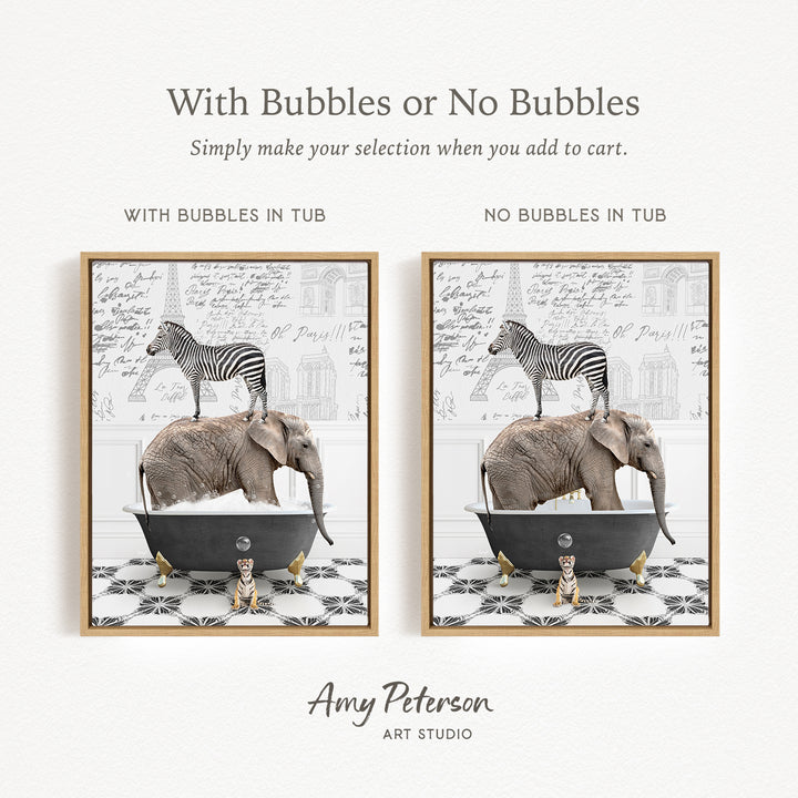 The image is a collage of two framed pictures, each depicting a zebra standing on an elephant's back in a bathtub. The text above the images reads "With Bubbles or No Bubbles Simply make your selection when you add to cart." The text below the images reads "WITH BUBBLES IN TUB" and "NO BUBBLES IN TUB," indicating the presence or absence of bubbles in the bathtub.