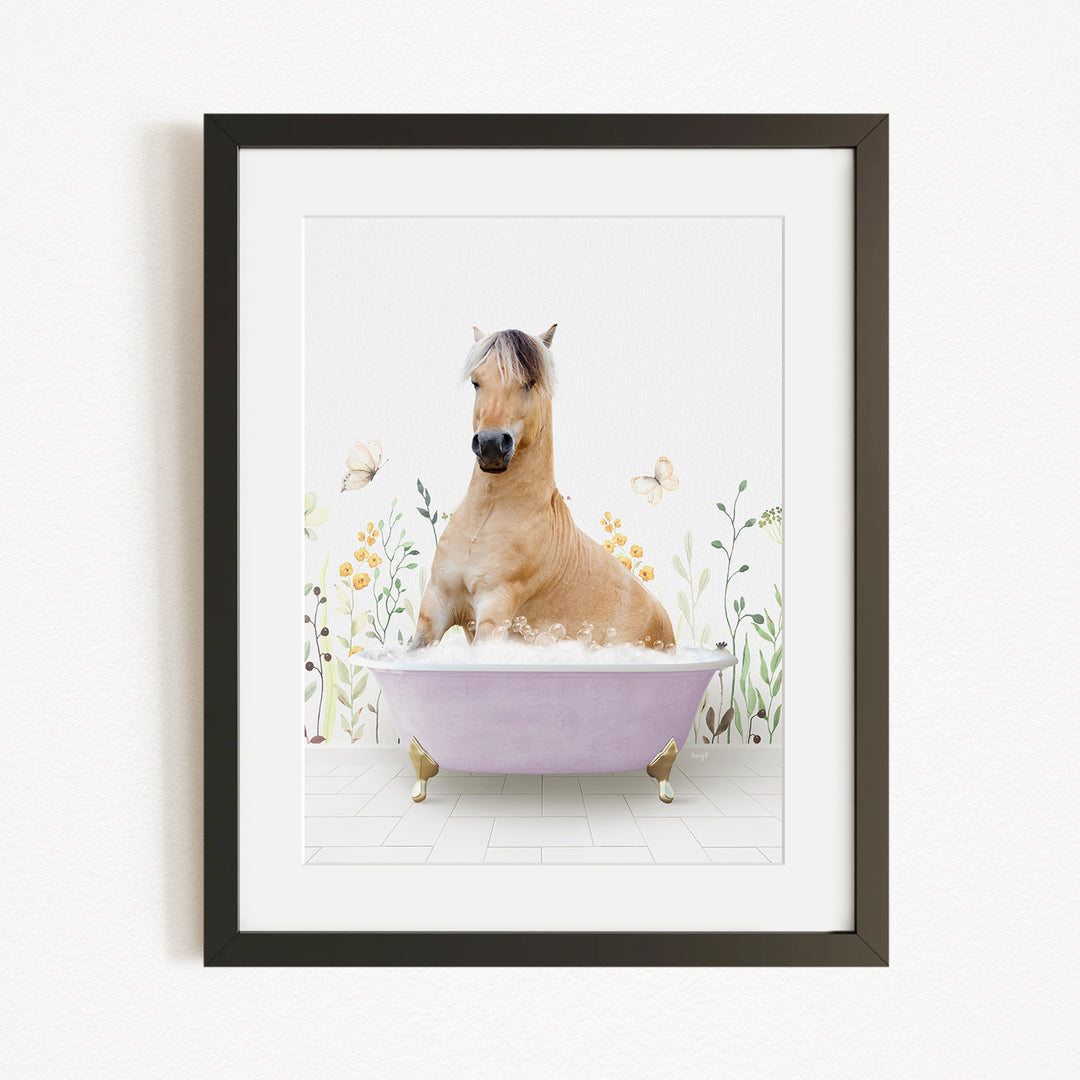 A brown horse is sitting in a purple bathtub filled with bubbles, surrounded by flowers and butterflies.