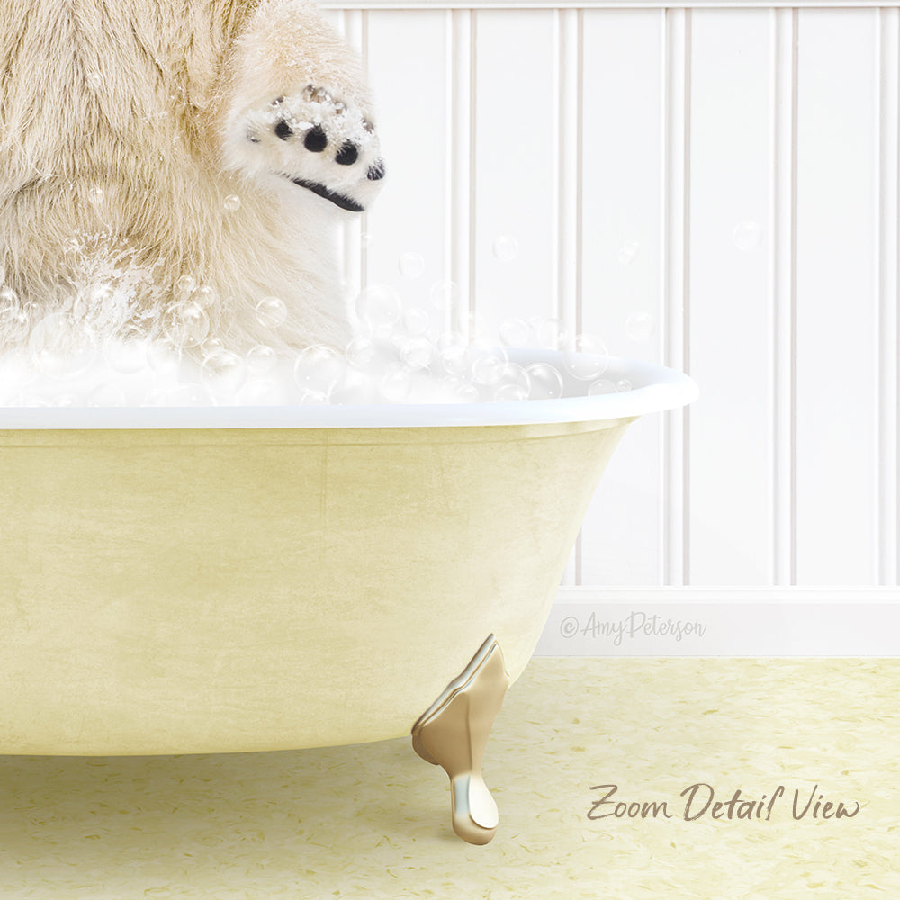 A polar bear standing in a bathtub filled with bubbles, with its paw in the water.