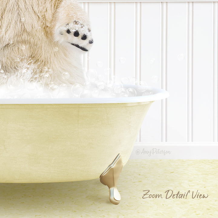 A polar bear standing in a bathtub filled with bubbles, with its paw in the water.