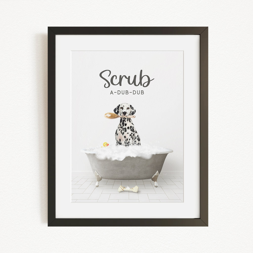 A Dalmatian dog sitting in a bathtub filled with bubbles, holding a toy in its mouth.