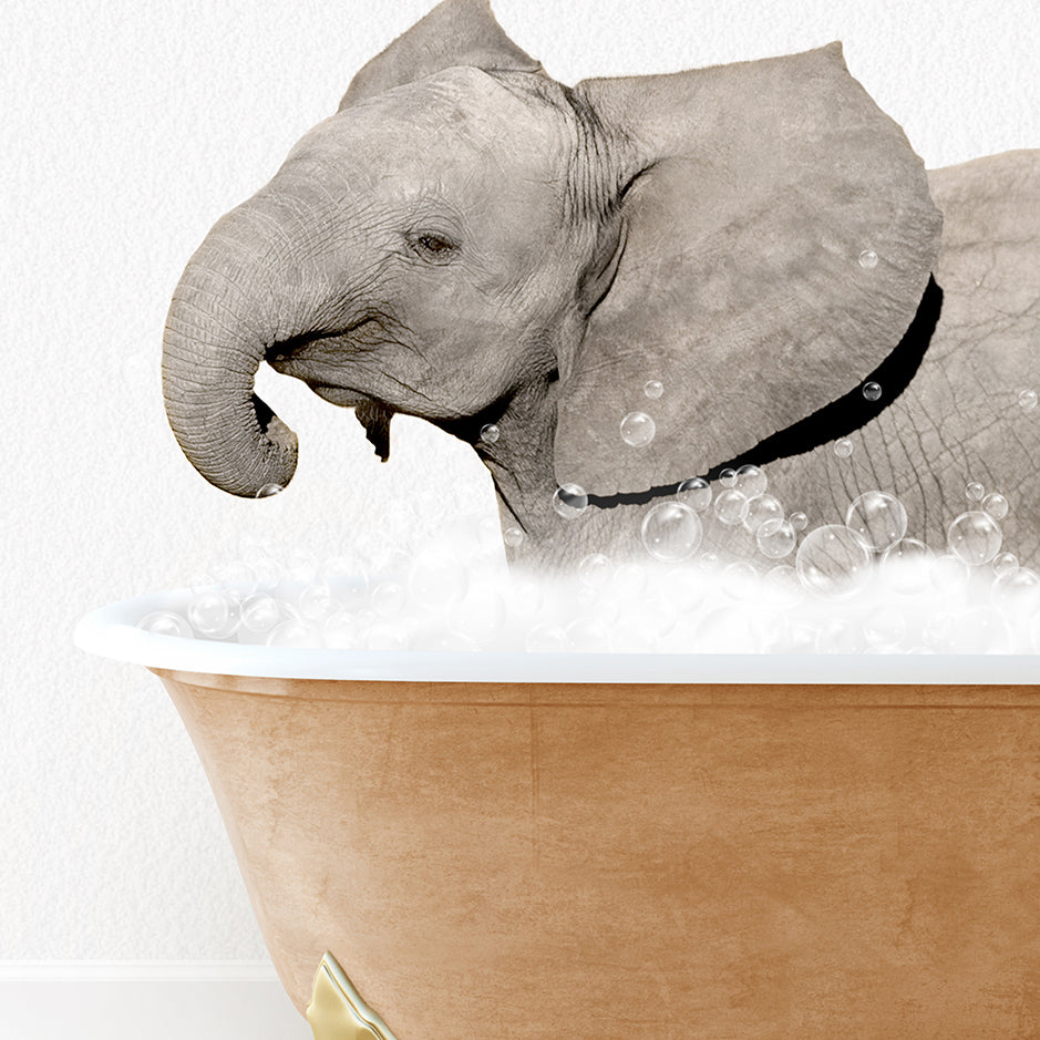 a baby elephant taking a bath in a bathtub