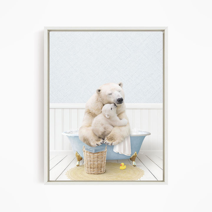 A polar bear is sitting in a bathtub, surrounded by a yellow rubber duck and a wicker basket.