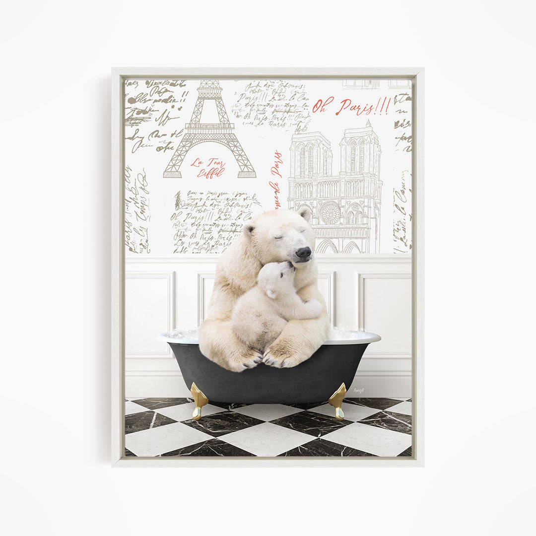 A polar bear is sitting in a bathtub, with a smaller polar bear nestled next to it, against a backdrop of Eiffel Tower and Paris-themed text.