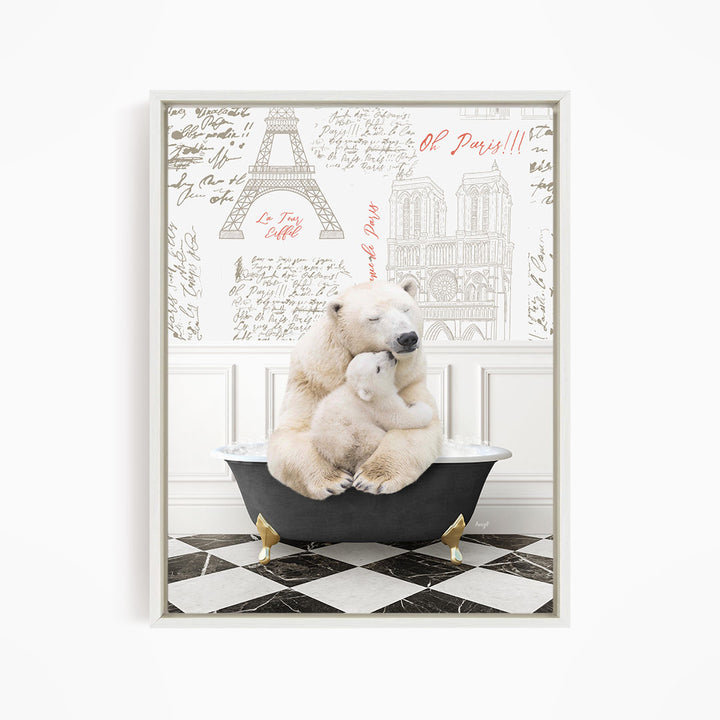A polar bear is sitting in a bathtub, with a smaller polar bear nestled next to it, against a backdrop of Eiffel Tower and Paris-themed text.