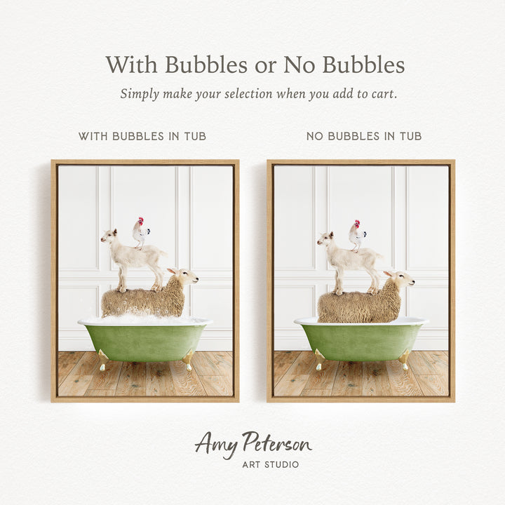 The image is a collage of two framed pictures, each depicting a sheep standing on a tub of water. The text above the images reads "With Bubbles or No Bubbles" and below the images, it says "Simply make your selection when you add to cart."
