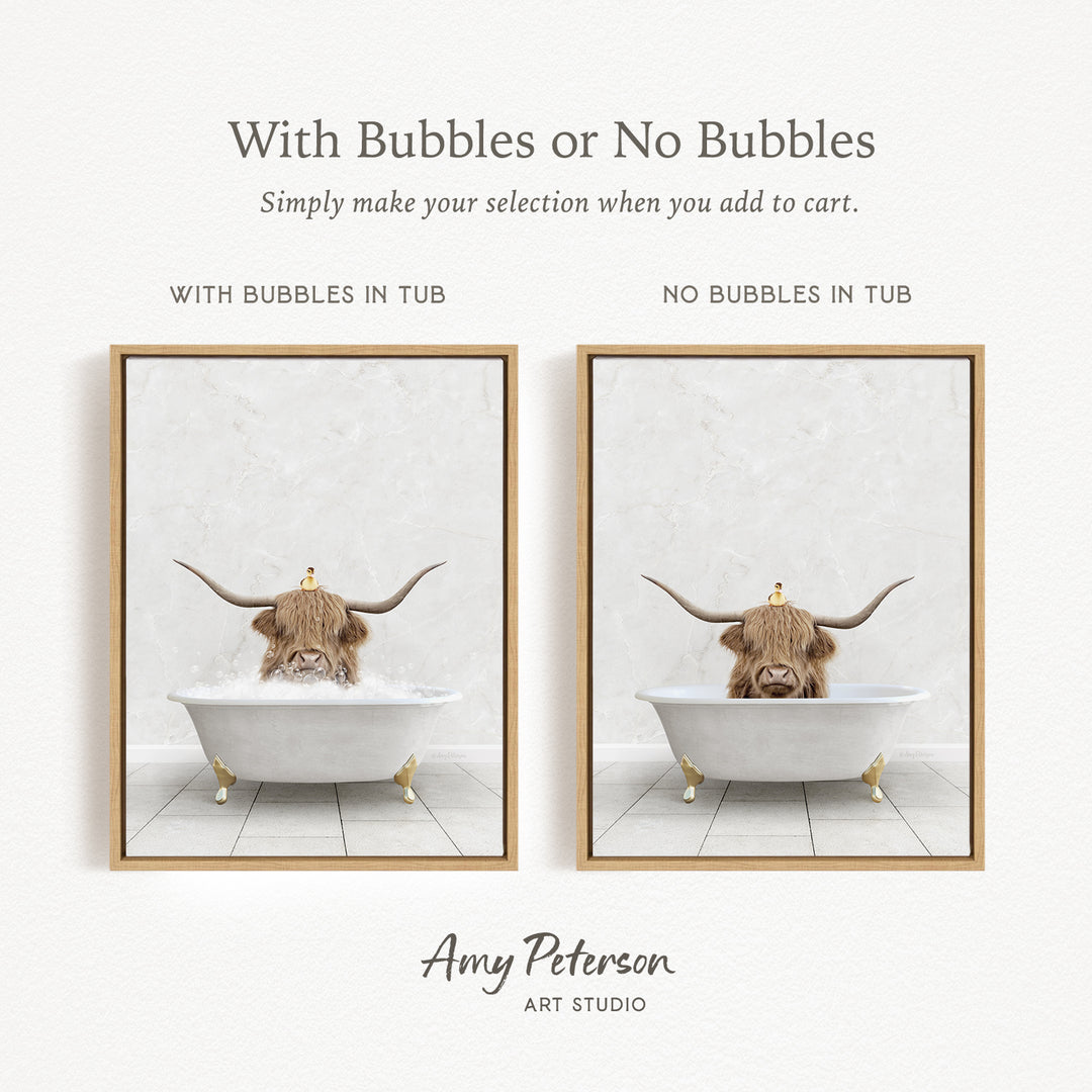 The image is a collage of two framed pictures, each depicting a bull with horns in a bathtub. The bull in the tub has bubbles, while the bull in the tub without bubbles is depicted in a plain white bathtub.
