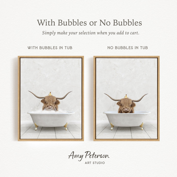 The image is a collage of two framed pictures, each depicting a bull with horns in a bathtub. The bull in the tub has bubbles, while the bull in the tub without bubbles is depicted in a plain white bathtub.