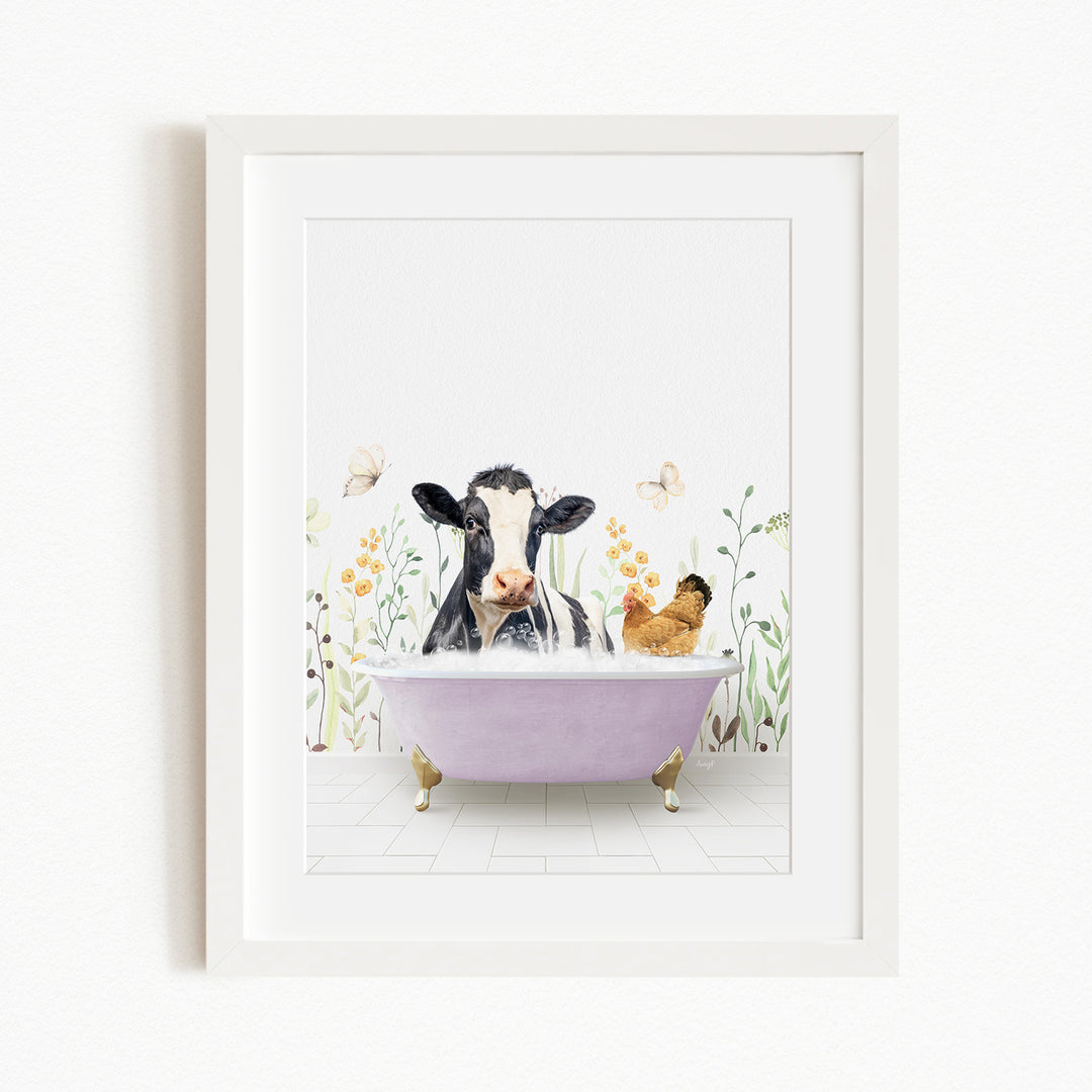 A black and white cow is sitting in a purple bathtub, surrounded by flowers and butterflies, with a chicken nearby.
