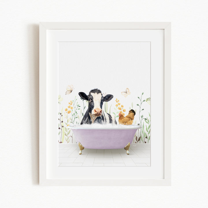 A black and white cow is sitting in a purple bathtub, surrounded by flowers and butterflies, with a chicken nearby.
