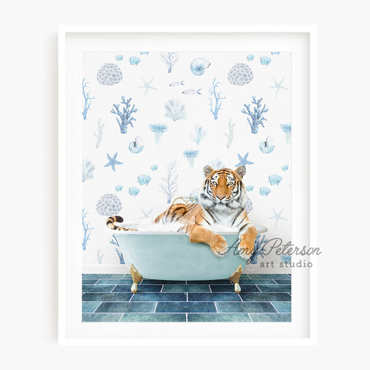 a painting of a tiger in a bathtub