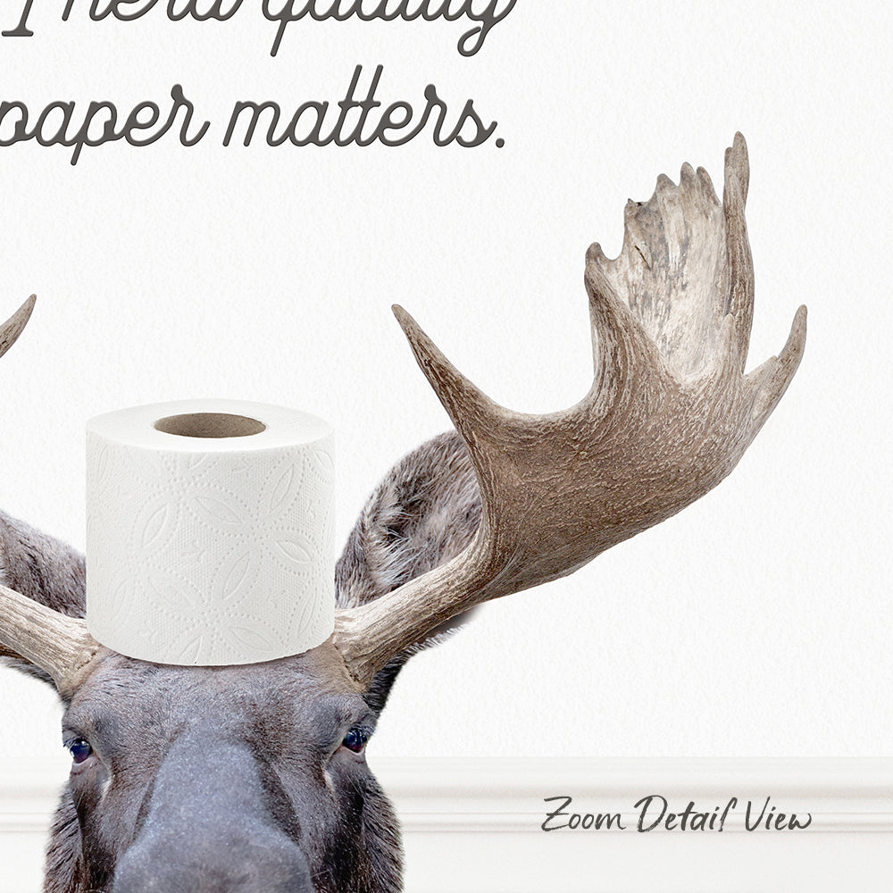 A moose with a roll of toilet paper on its head, accompanied by the text "I prefer quality toilet paper matters."