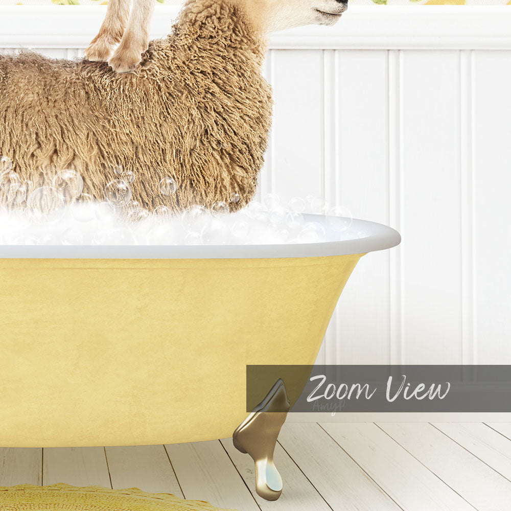 A sheep is standing in a yellow bathtub filled with water, with bubbles around it.