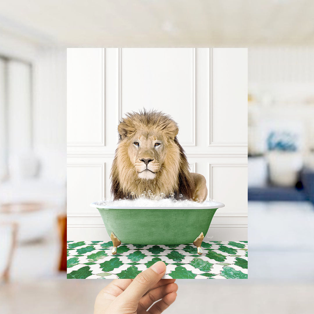 A lion sitting in a green bathtub filled with bubbles, surrounded by a patterned floor and a white wall.