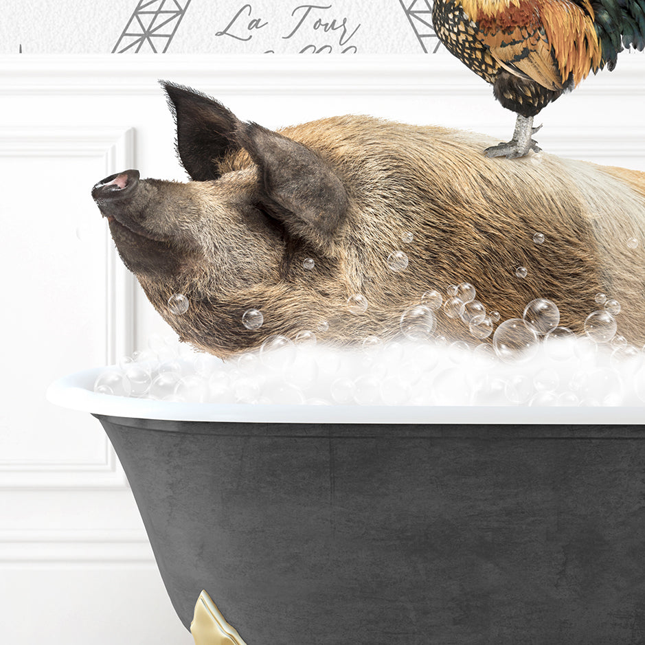 a pig in a bathtub with a chicken on top of it