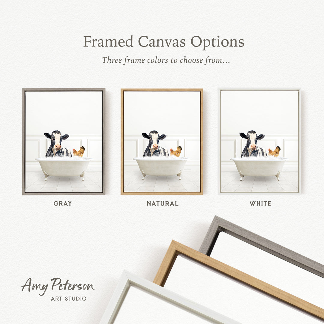 three framed canvas options, each featuring a cow in a bathtub, with different frame colors to choose from.