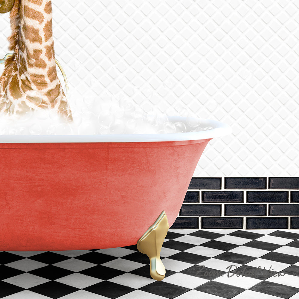 A red clawfoot bathtub filled with water and bubbles, with a giraffe standing inside it.