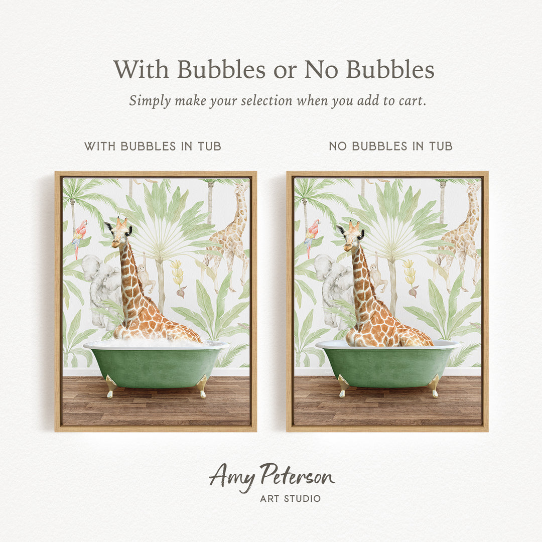 The image is a collage of two framed pictures, each depicting a giraffe in a bathtub. The text above the images reads "With Bubbles or No Bubbles" and below the images, it says "Simply make your selection when you add to cart."
