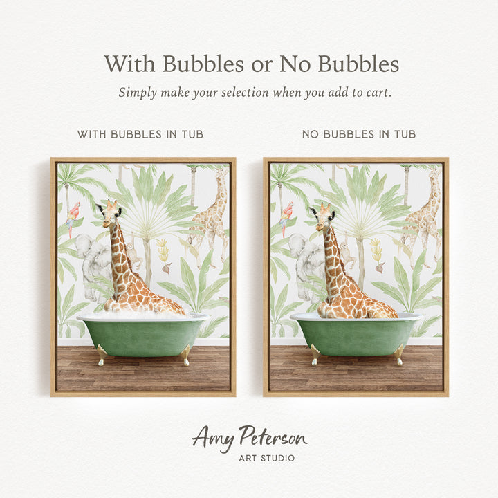 The image is a collage of two framed pictures, each depicting a giraffe in a bathtub. The text above the images reads "With Bubbles or No Bubbles" and below the images, it says "Simply make your selection when you add to cart."