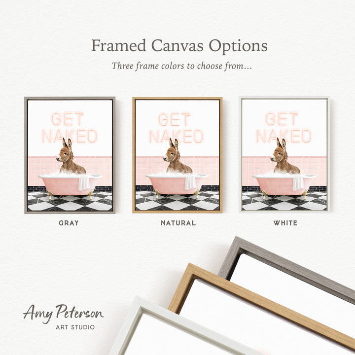 three framed canvas options featuring a donkey sitting in a bathtub with the text "GET NAEED" on it.