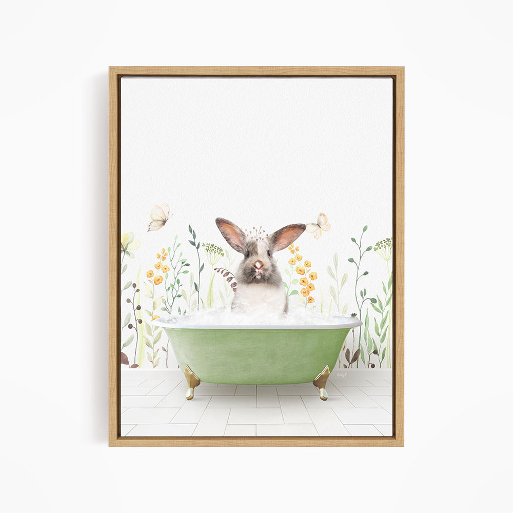 A rabbit sitting in a green bathtub filled with water, surrounded by flowers and butterflies.