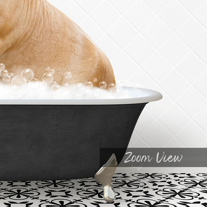 A dog is taking a bath in a black bathtub filled with bubbles, with a patterned tile floor in the foreground.