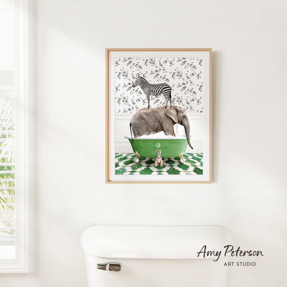 A framed illustration of a zebra standing on an elephant's back while both animals are in a green bathtub, surrounded by a patterned wall.