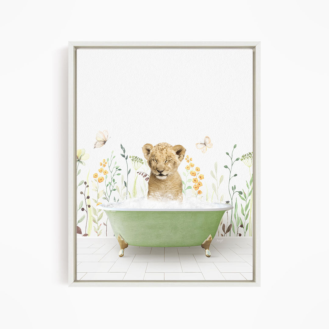 A young lion cub sitting in a green bathtub filled with water, surrounded by flowers and butterflies.
