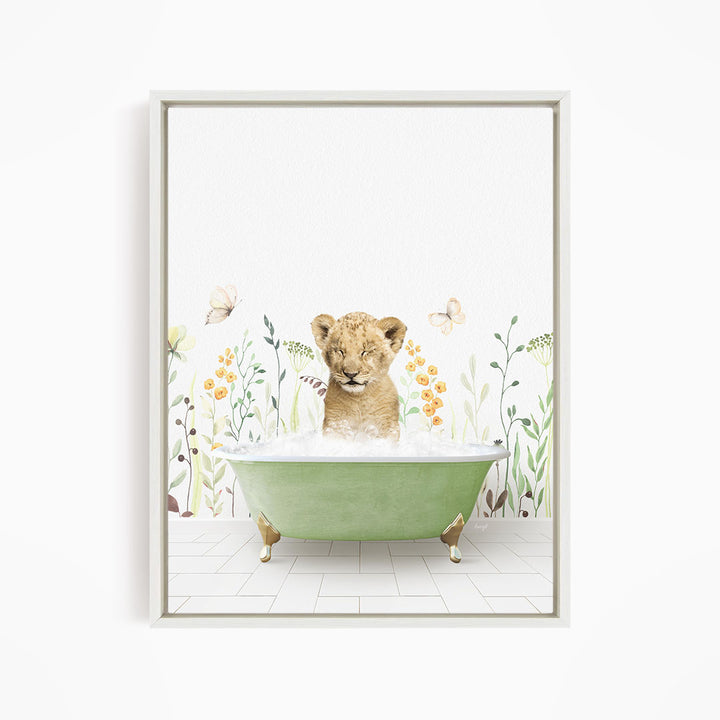 A young lion cub sitting in a green bathtub filled with water, surrounded by flowers and butterflies.