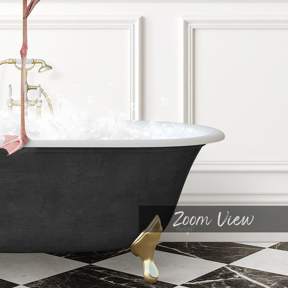 A black claw-foot bathtub filled with water, with a gold faucet and a pink towel hanging on the side.