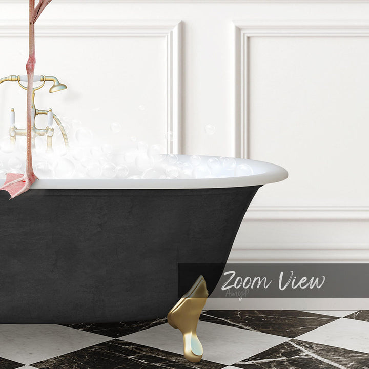 A black claw-foot bathtub filled with water, with a gold faucet and a pink towel hanging on the side.