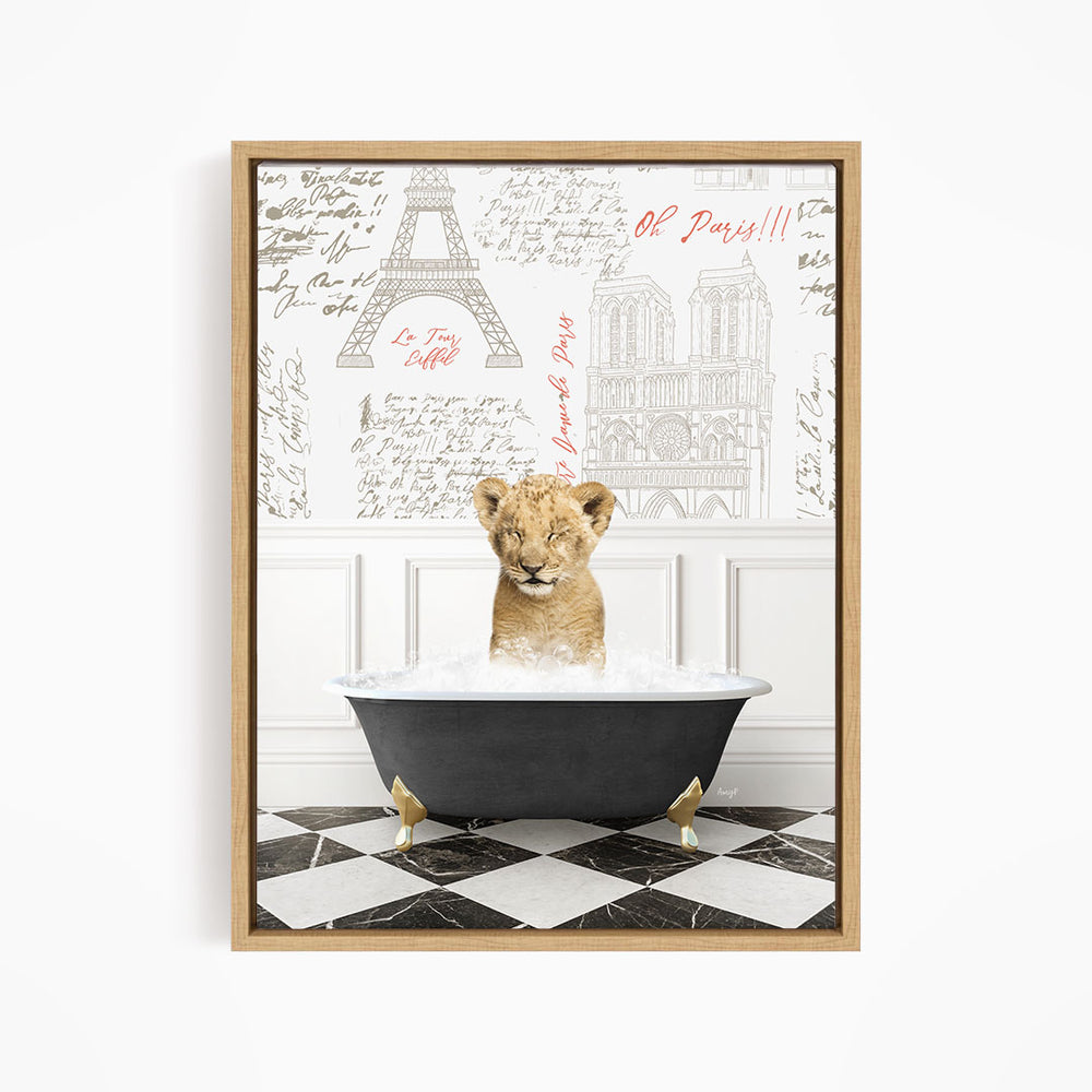 A young lion cub sitting in a bathtub filled with water, surrounded by a Paris-themed background with the Eiffel Tower and other landmarks.
